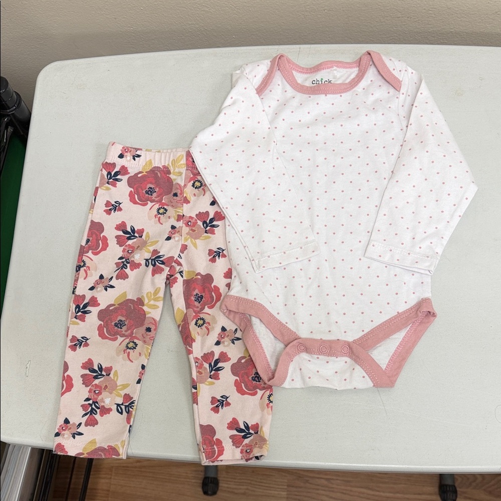 Pink Floral Baby Leggings and Dot Bodysuit Set